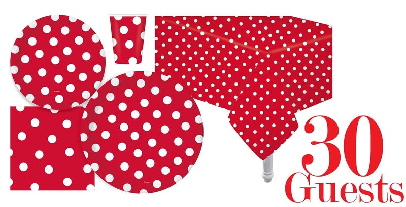 Oojami Serves 30 Complete Party Pack Red Polka Dot Party Supplies 9" Dinner Paper Plates 7" Dessert Paper Plates 9 oz Cups 3 Ply Napkins 2 Red Polka Dot Table Cover Size: 54" x 108" - Image 4